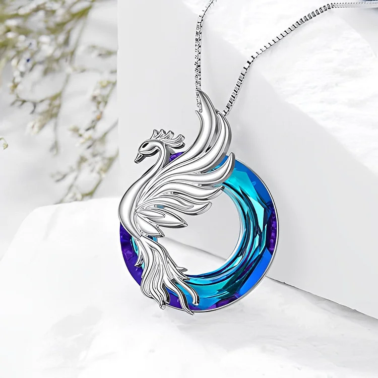 S925 You are A Fighter Sterling Silver Blue Crystal Phoenix Necklace