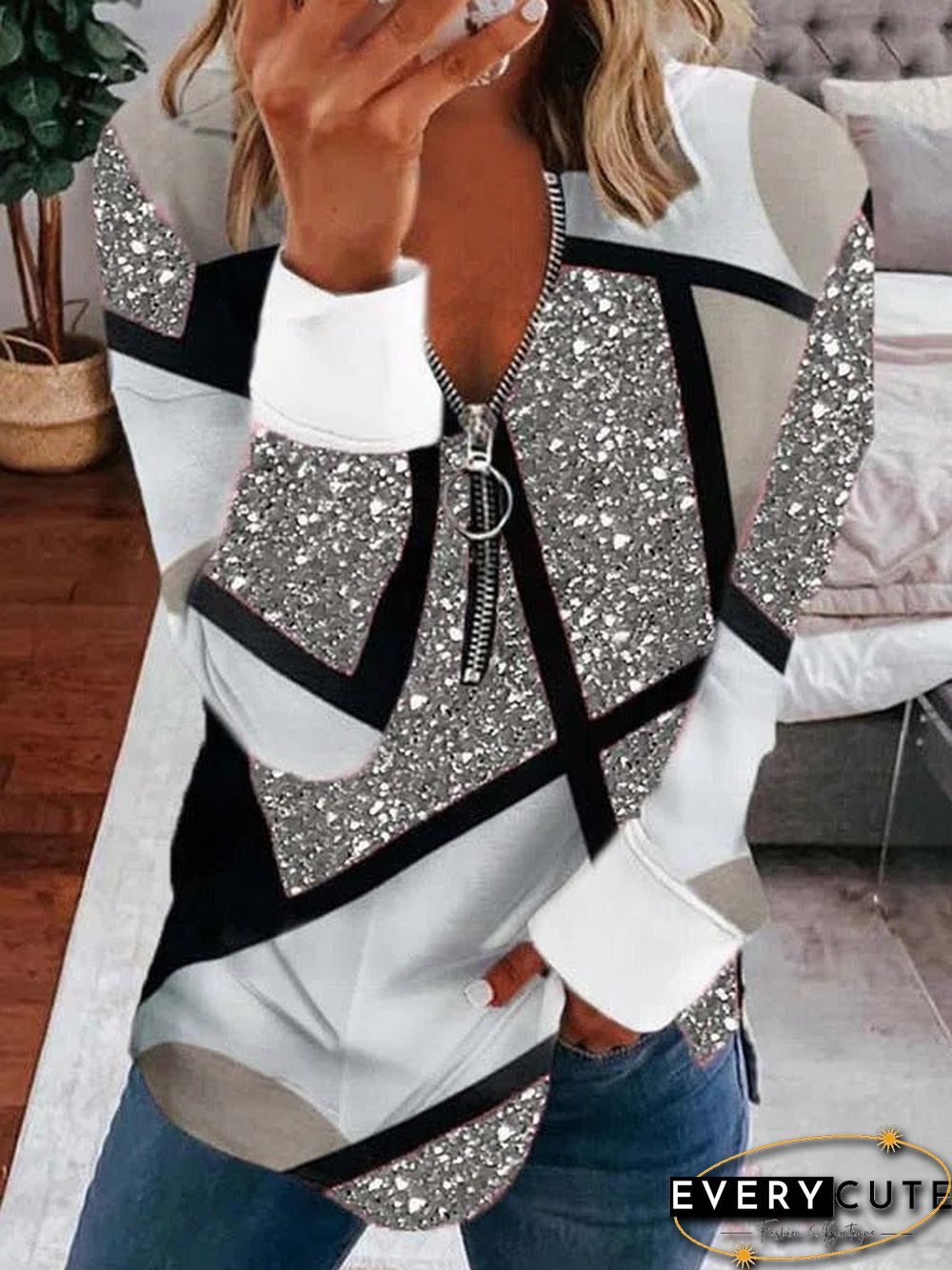 Women'S T-Shirts Casual Print V-Neck Zip Long Sleeve T-Shirt