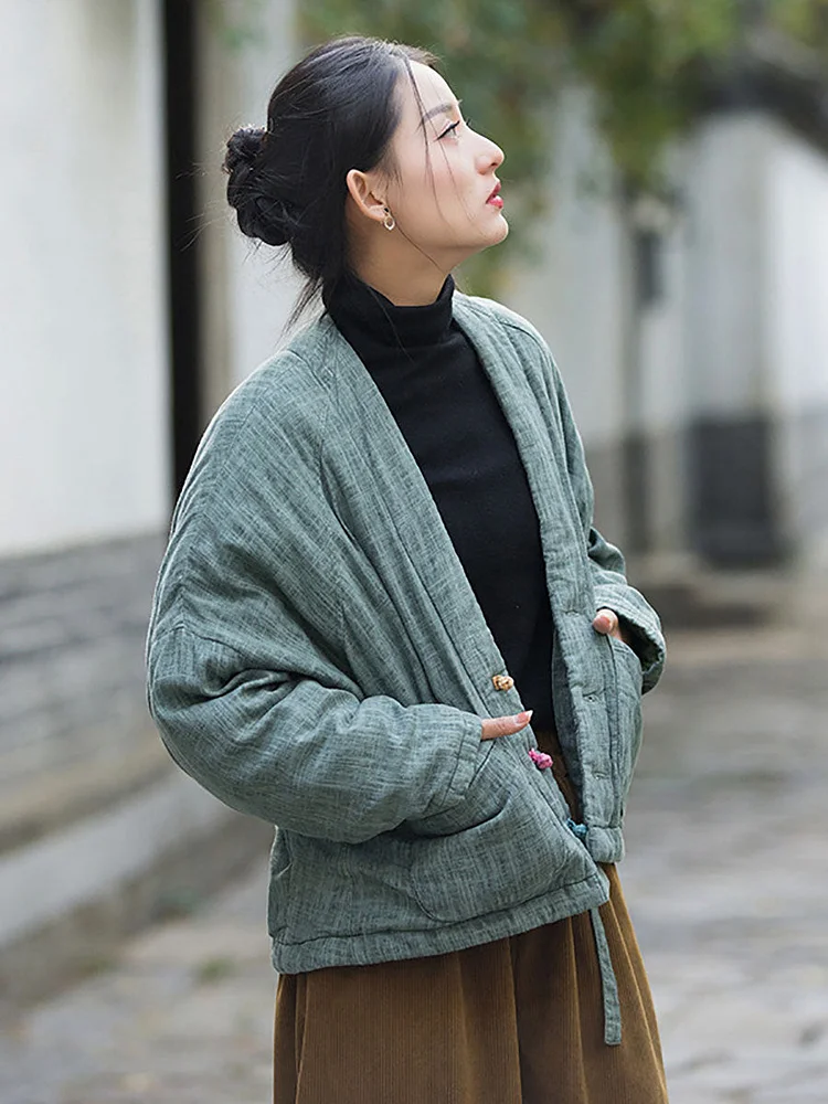 Women Winter Artsy Worn Solid Button Pocket Linen Coat