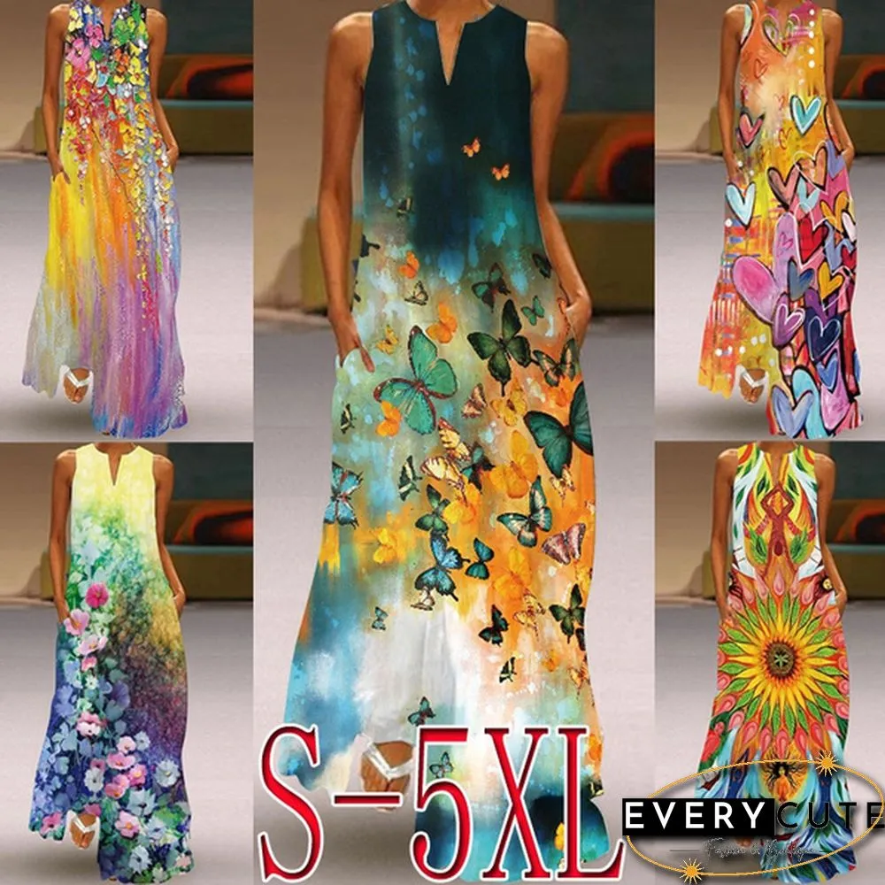 Casual Womens Fashion Sleeveless V-Neck Colorful Dress Vest Long Maxi Plus Size Beach