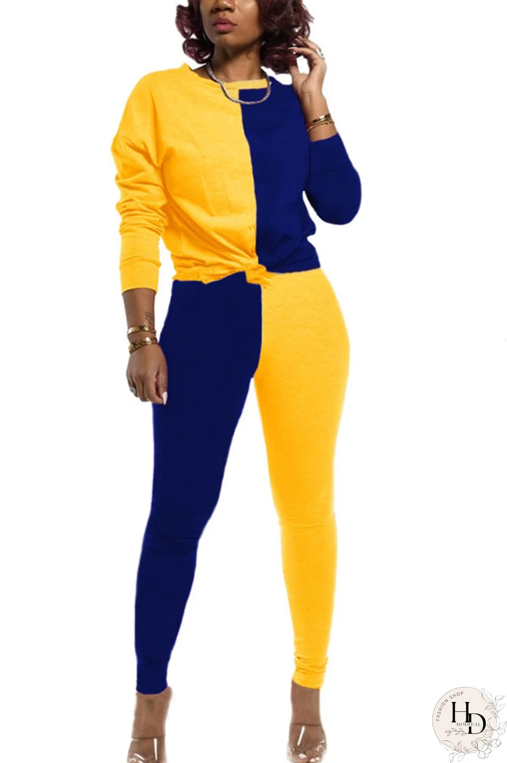 rose red and blue Polyester Sexy Patchwork Solid pencil Long Sleeve Two Pieces