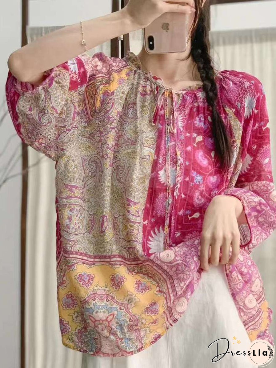 Women Summer Artsy Floral Drawstring Lacework Loose Shirt