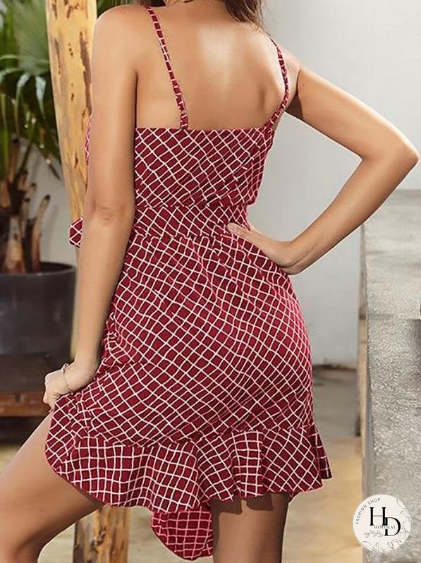 Asymmetry Sling Ruffle Plaid Dress