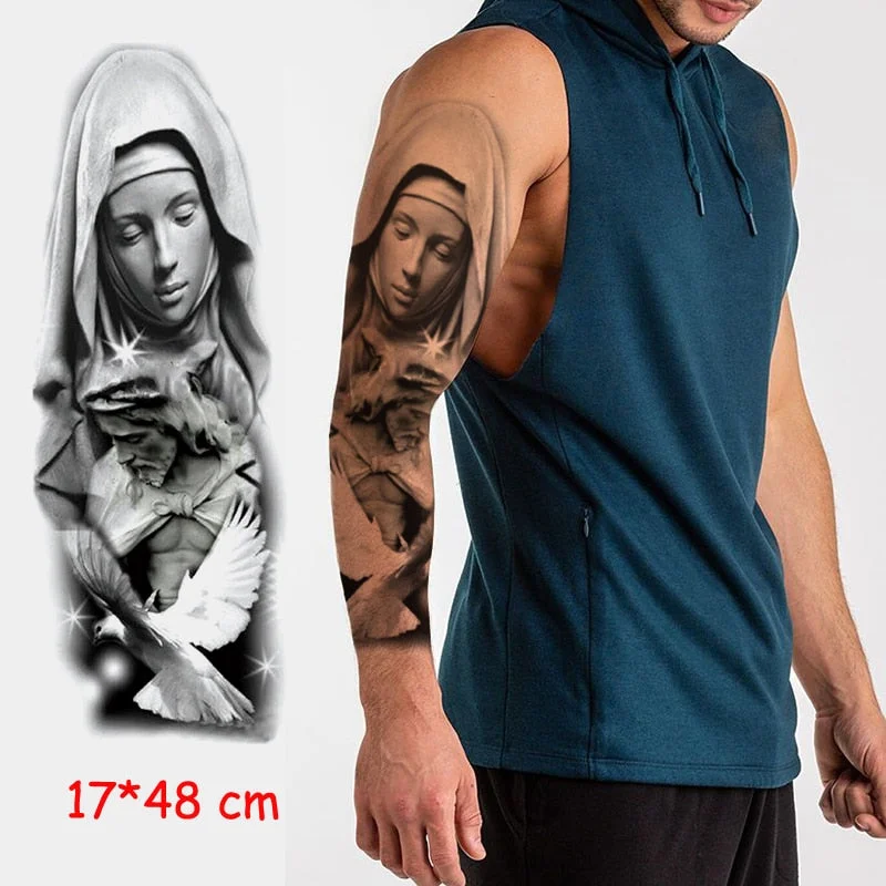 Waterproof Temporary Tattoo Sticker Jesus Virgin sister Peace Pigeon bird flower Full Arm Tatoo Flash Fake Tatto for Men Women