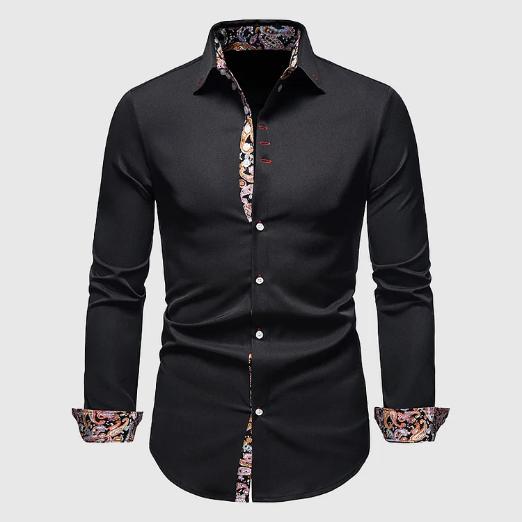 BrosWear Men's Fashion Slim Floral Trim Long Sleeve Shirt
