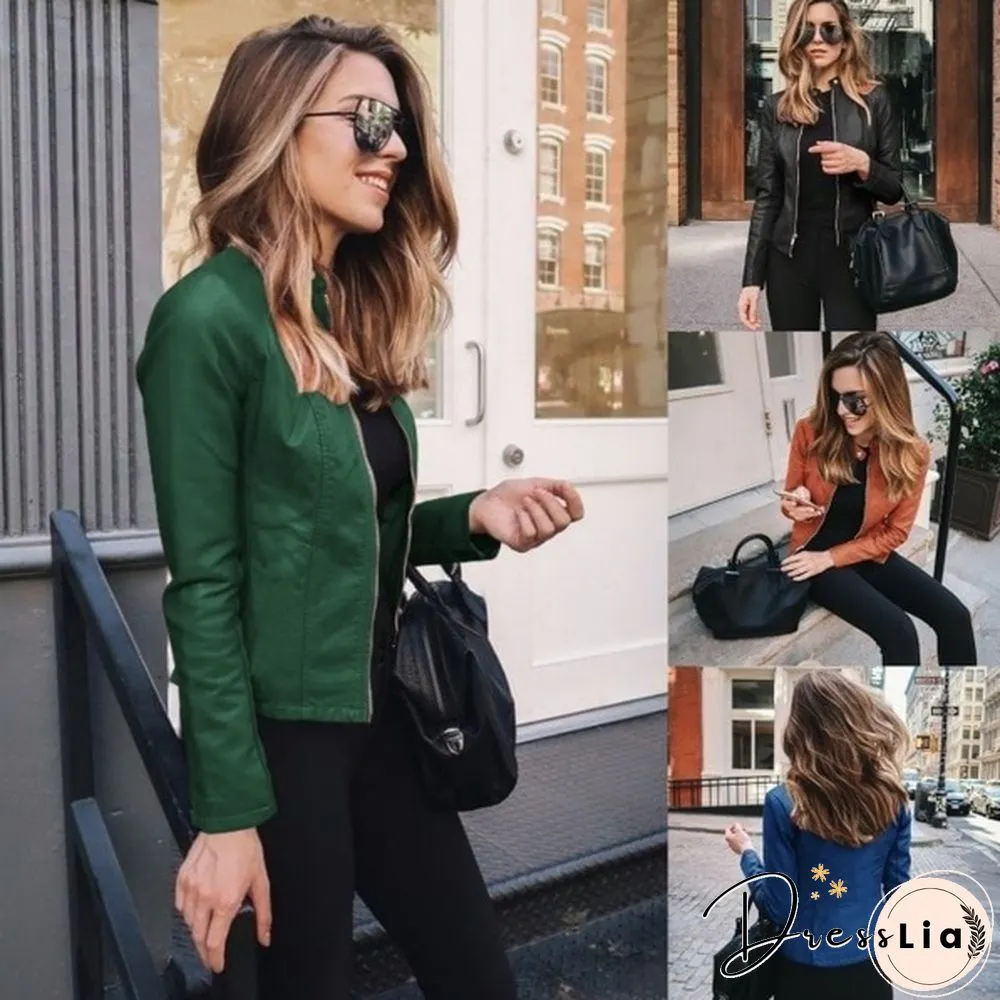 Women Spring Zipper Casual PU Leather Soft Motorcycle Leather Jacket Coat