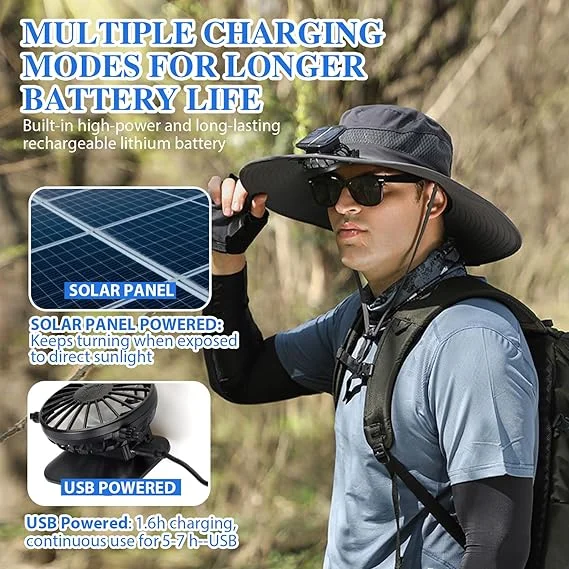 🔥Father's Day Sale  Wide Brim Solar Fan Outdoor Fishing Hat-Solar & USB Charging 
