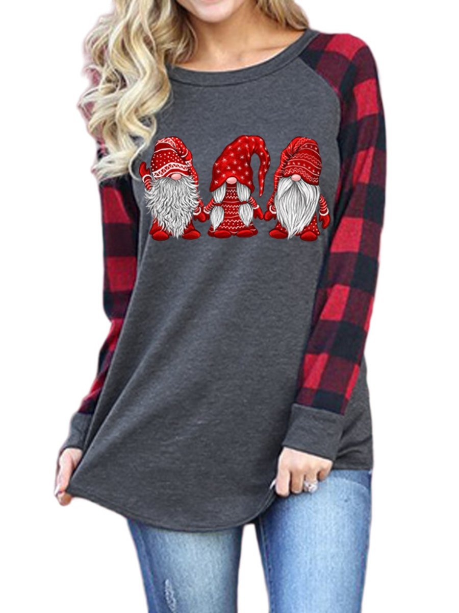 Women's Hoodie Christmas Gnomes Plaid O-Neck Long Sleeve Loose Shirt