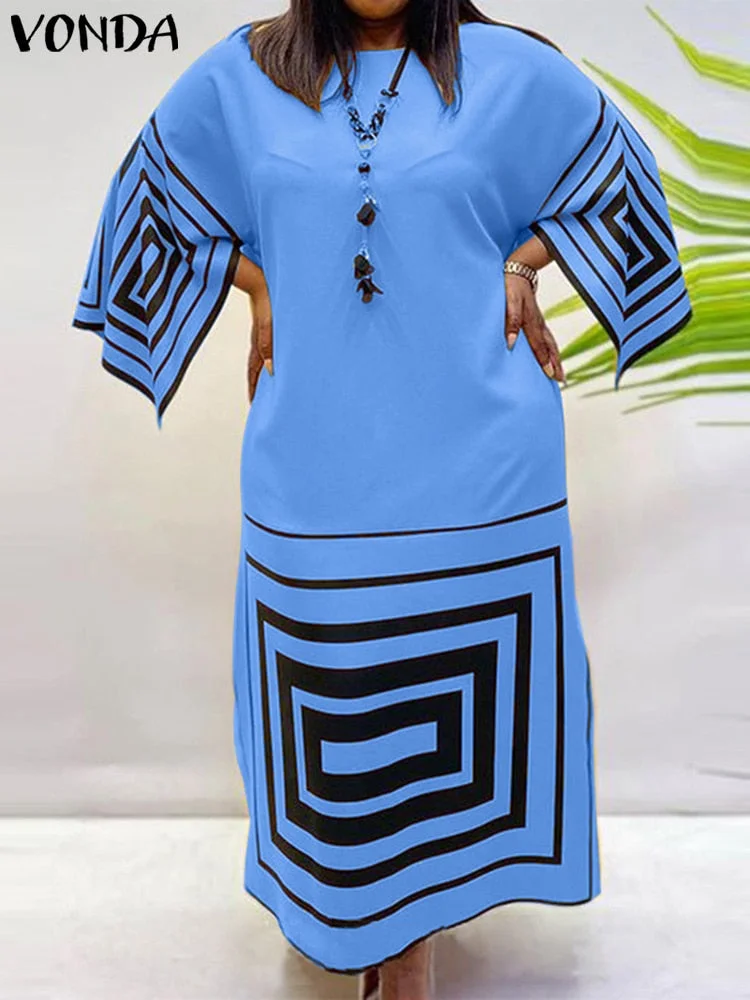VONDA Women Bohemian Dress 2022 Casual Loose 3/4 Sleeve Holiday Dress Female Vintage Printed Party Vestidos Oversized Robe Femme