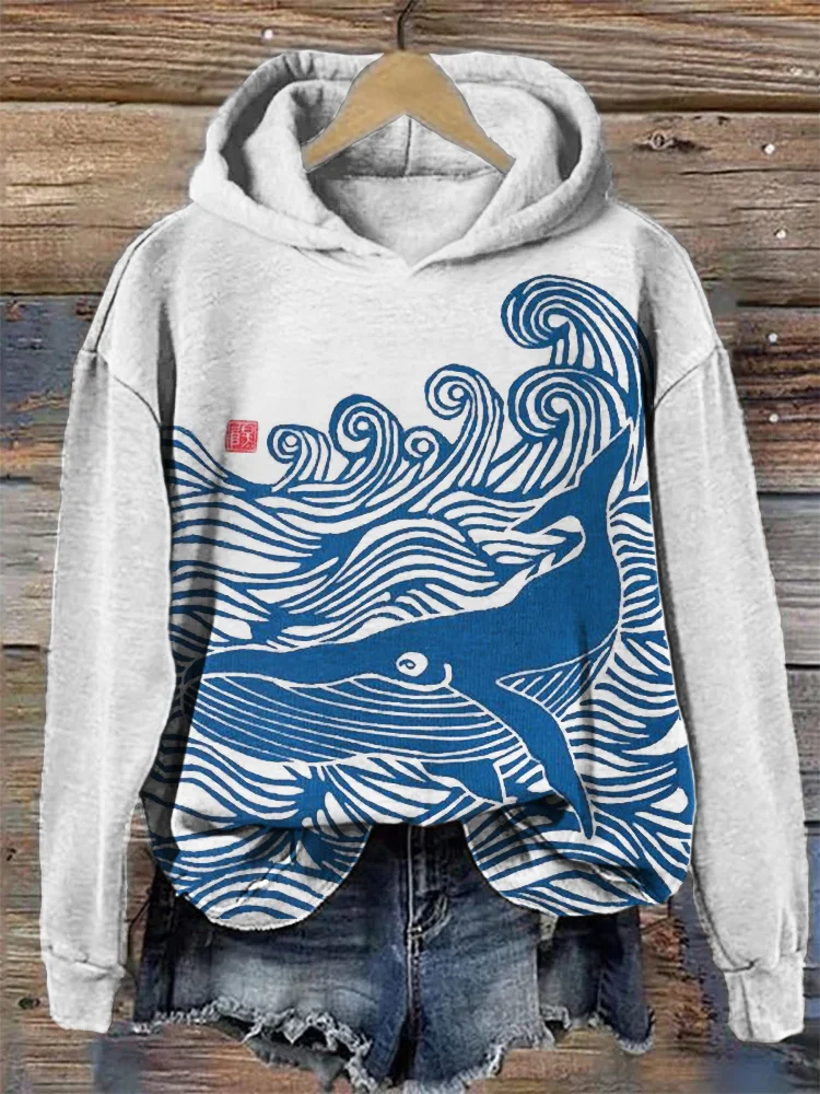 Whale & Waves Ancient Japanese Art Cozy Hoodie