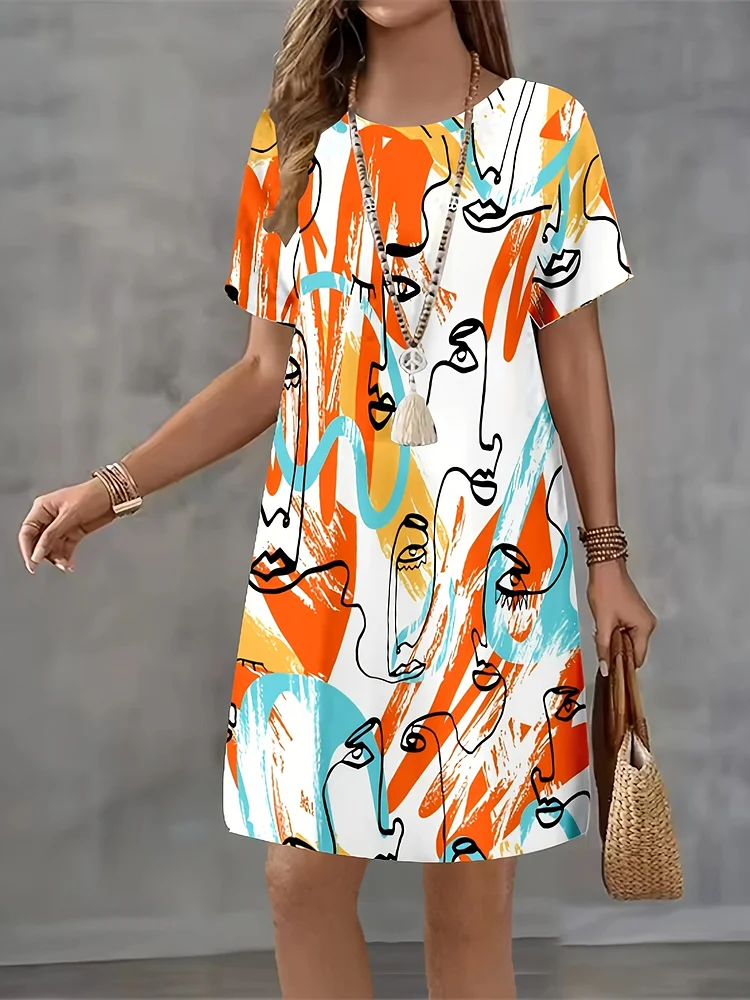 Vibrant Orange, Blue & Yellow Tie-Dye Print Women's Casual Mini Dress | Short Sleeve, Round Neck, Lightweight Polyester, Perfect For Summer