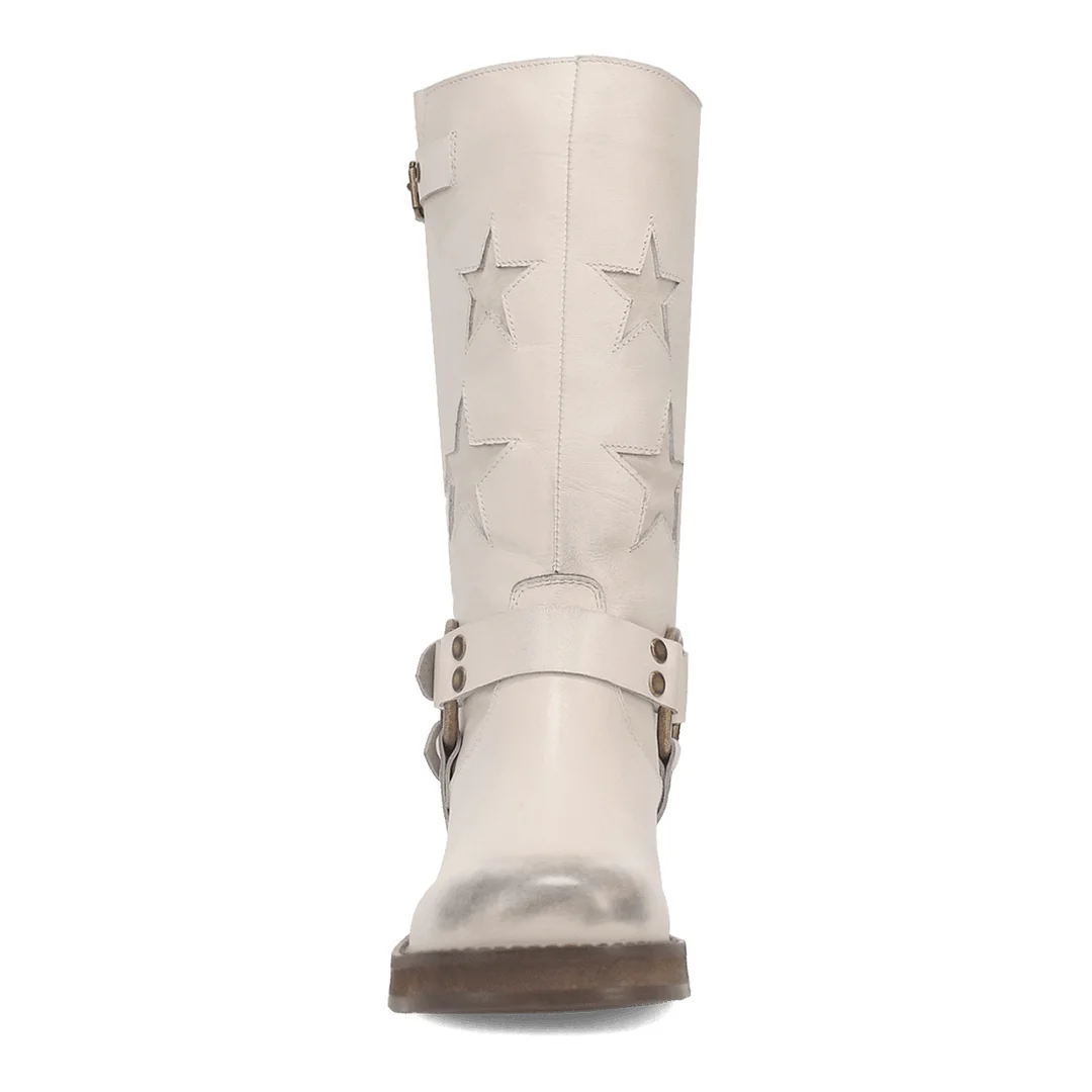 White Vegan Leather Round Toe Star Inlay Studded Block Heel Boots