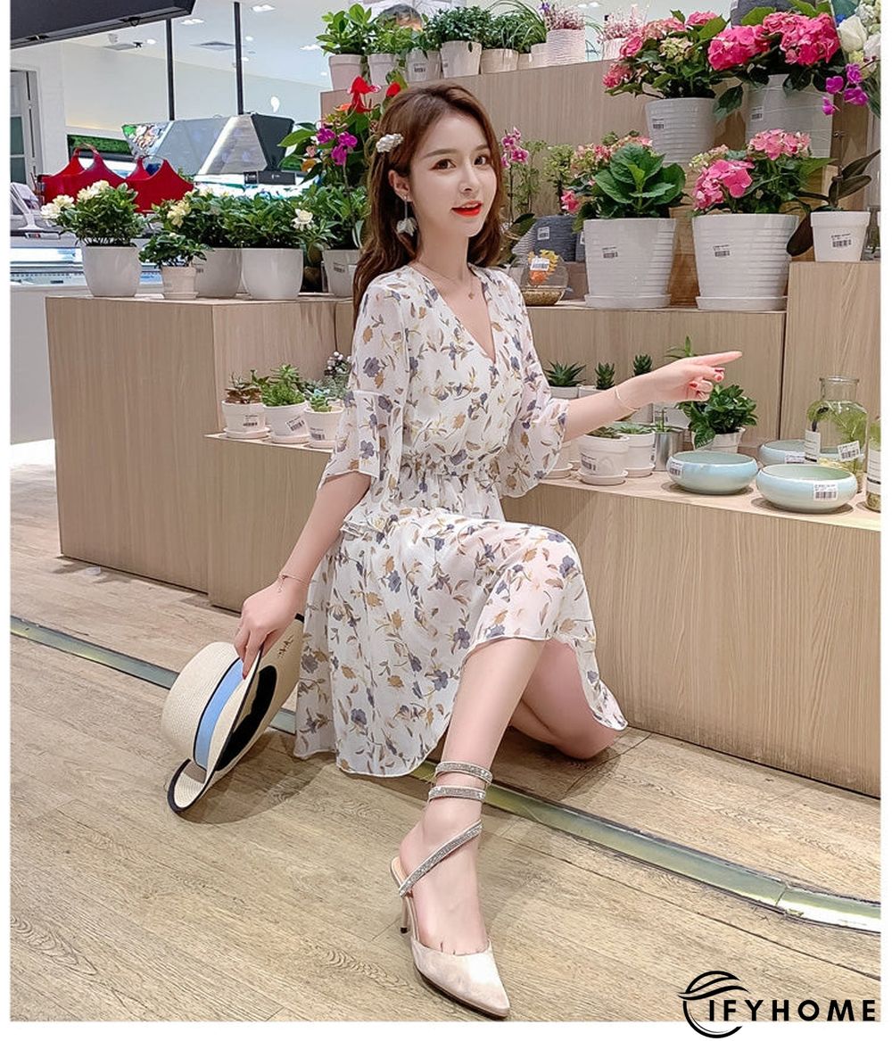 Spring Summer Chiffon Women V-Neck Floral Print Short Dresses Sweet Ruffle Sleeeve Slim Drawstring Ladies Dress | IFYHOME