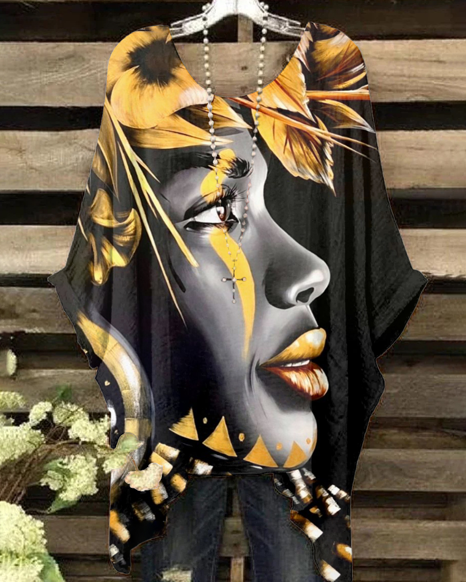 Round Neck Leaves Brown Woman Face Oil Painting Irregular Shirt