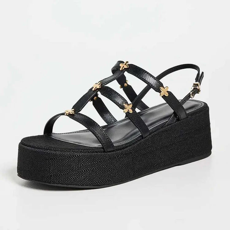 Black Canvas Gold Floral Straps Buckled Slingback Platform Sandals |FSJ Shoes