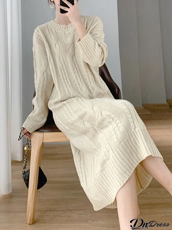 Simple Loose Long Sleeves Jacquard Solid Color Round-Neck Midi Dresses