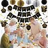 Birthday Decorations, Happy Birthday Banner with Honeycomb Ball, Gift Hanging Swirl Streamer, Circle Dot Garland - Happy Birthday Party Decorations for Men Women Boys Girls (Black & Gold, 70th)