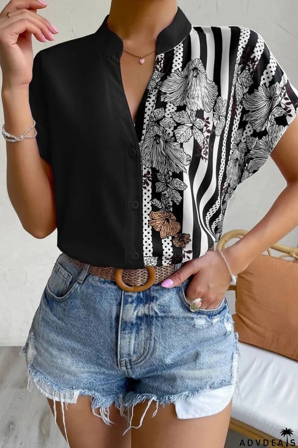 Green Casual Print Patchwork V Neck Tops