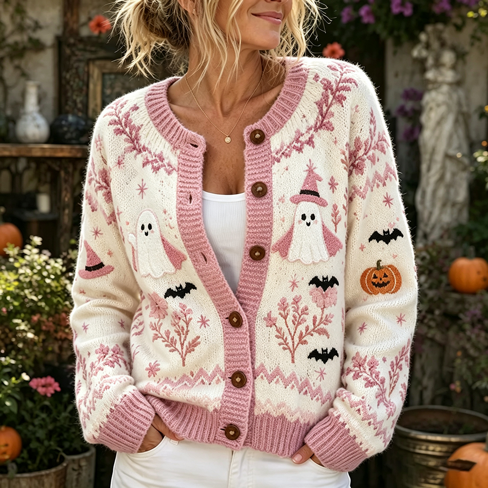 Comstylish Women's Pink Halloween Pumpkin Bat Ghost Floral Print Crew Neck Cardigan