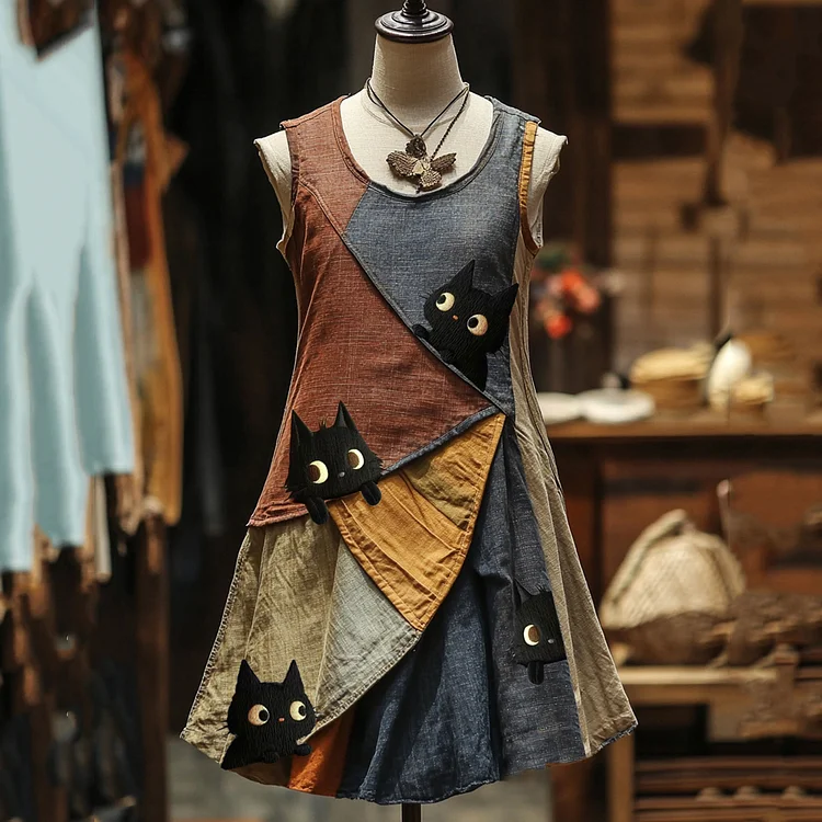 Cute Black Cat Head Looking Pop Art Graphic Linen Contrast Color Mini Dress
