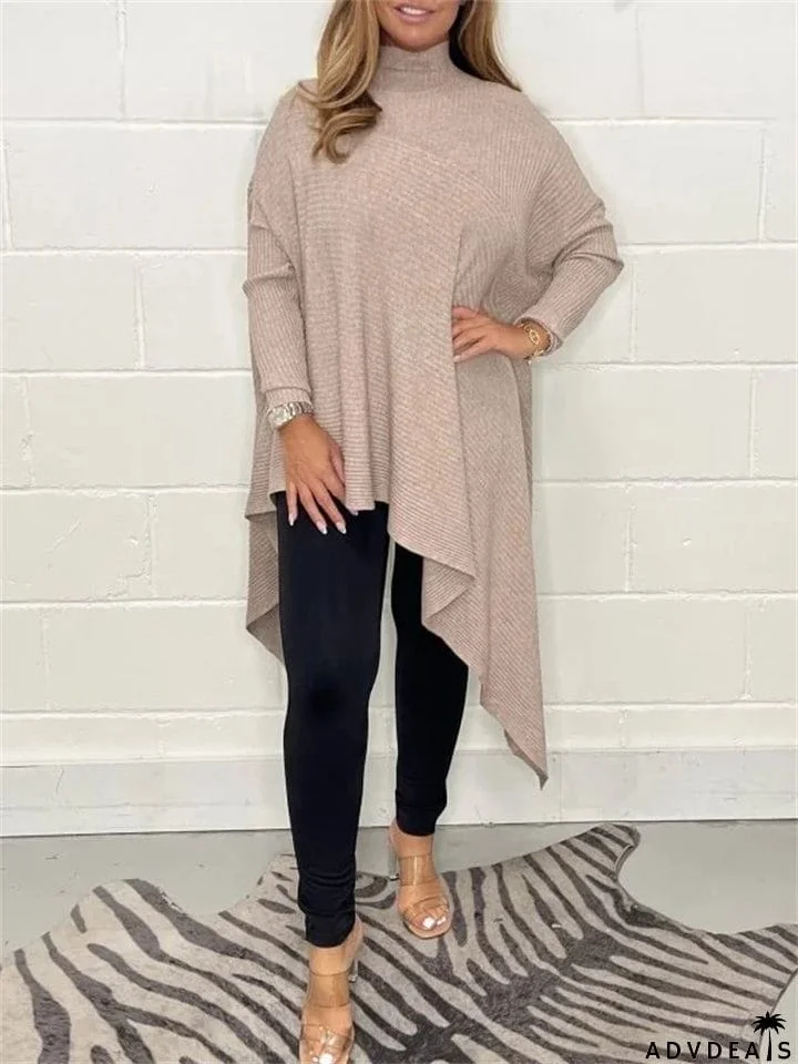 Women's Autumn Winter High Collar Irregular Hem Thread Knitted Shirts