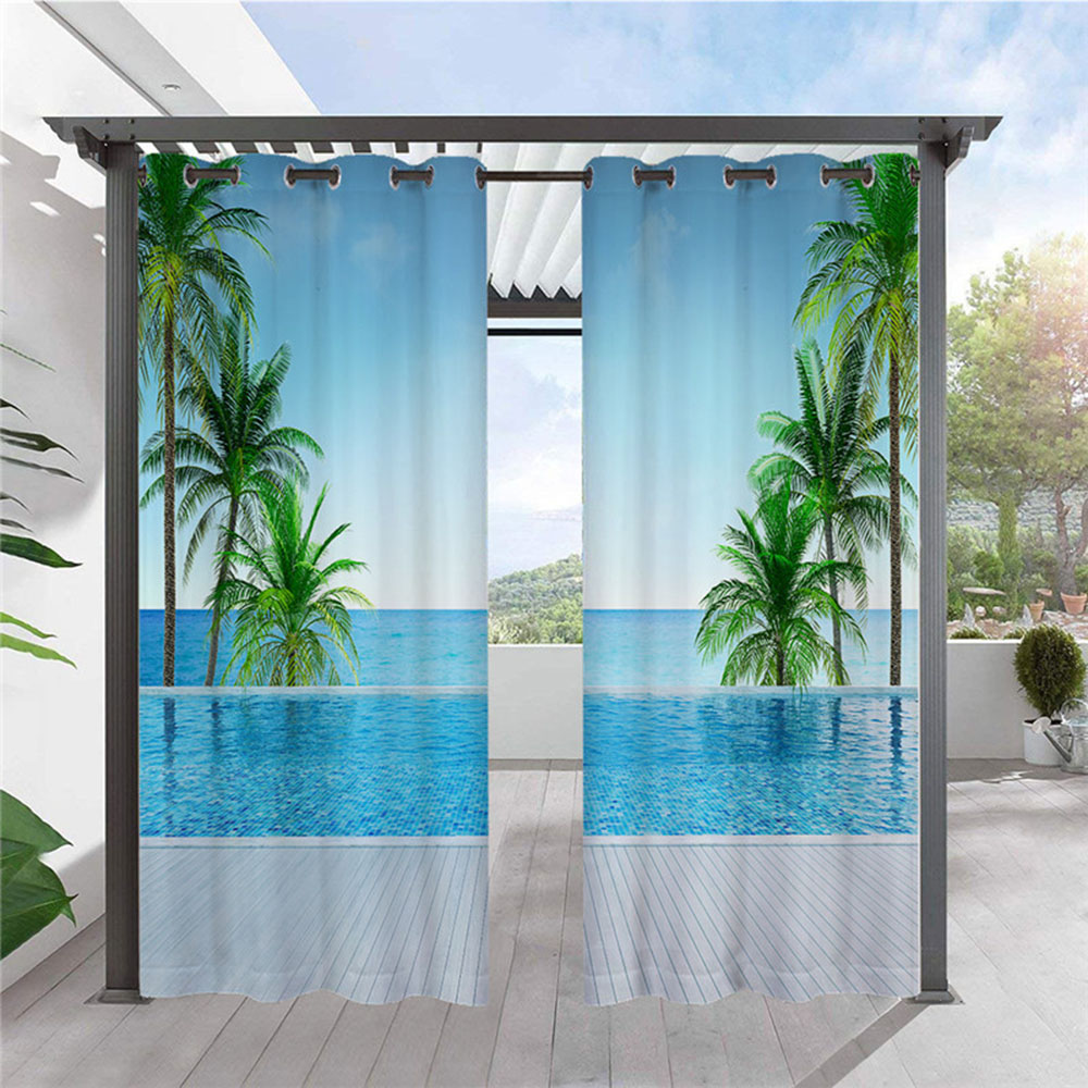 Modern Blue Outdoor Curtains Coconut Tree 3D Sea Scenery Cabana Grommet