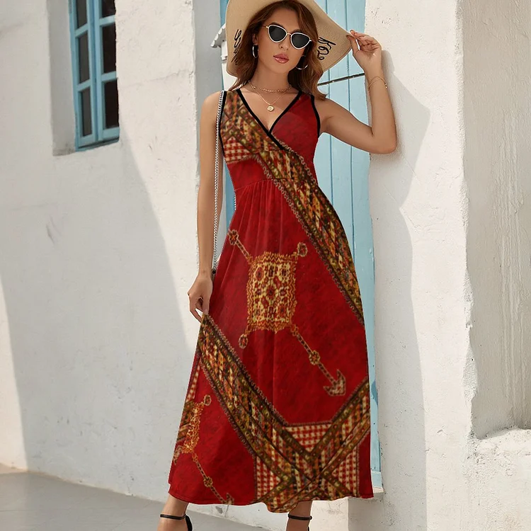 Vintage Ersari Turkmen Persian Carpet Tribal Cross V Neck Boho Plain Maxi Dresses Women Casual Patchwork Long Tank Dress - Heather Prints Shirts