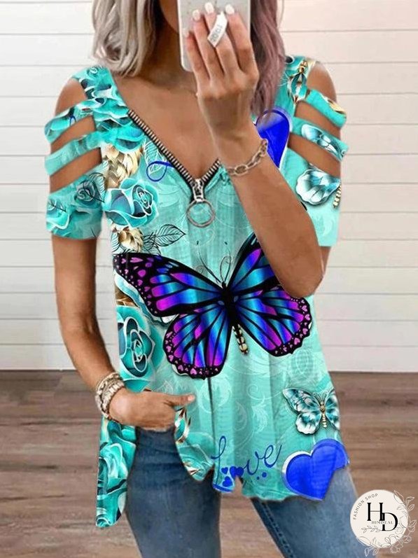 Butterfly Floral Print V-neck Zipper Short Sleeve T-shirt