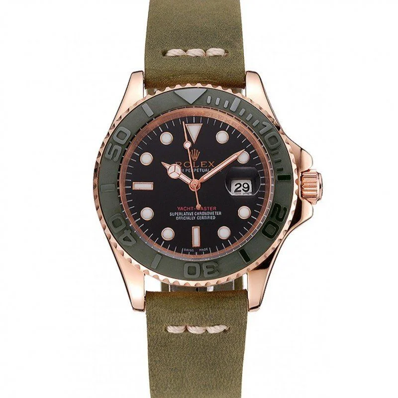 Rolex Yacht-Master Black Dial Green Bezel Rose Gold Case Green Leather Bracelet 1453862