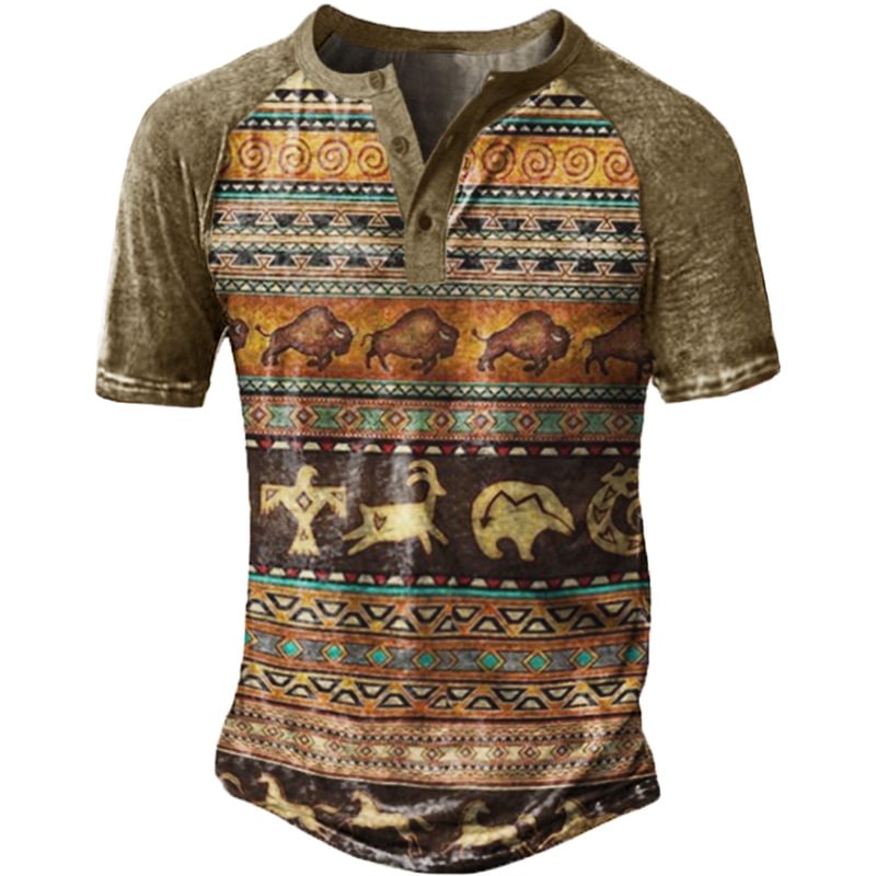 Men's Outdoor Aztec Print Panel Henley T-Shirt-Compassnice®