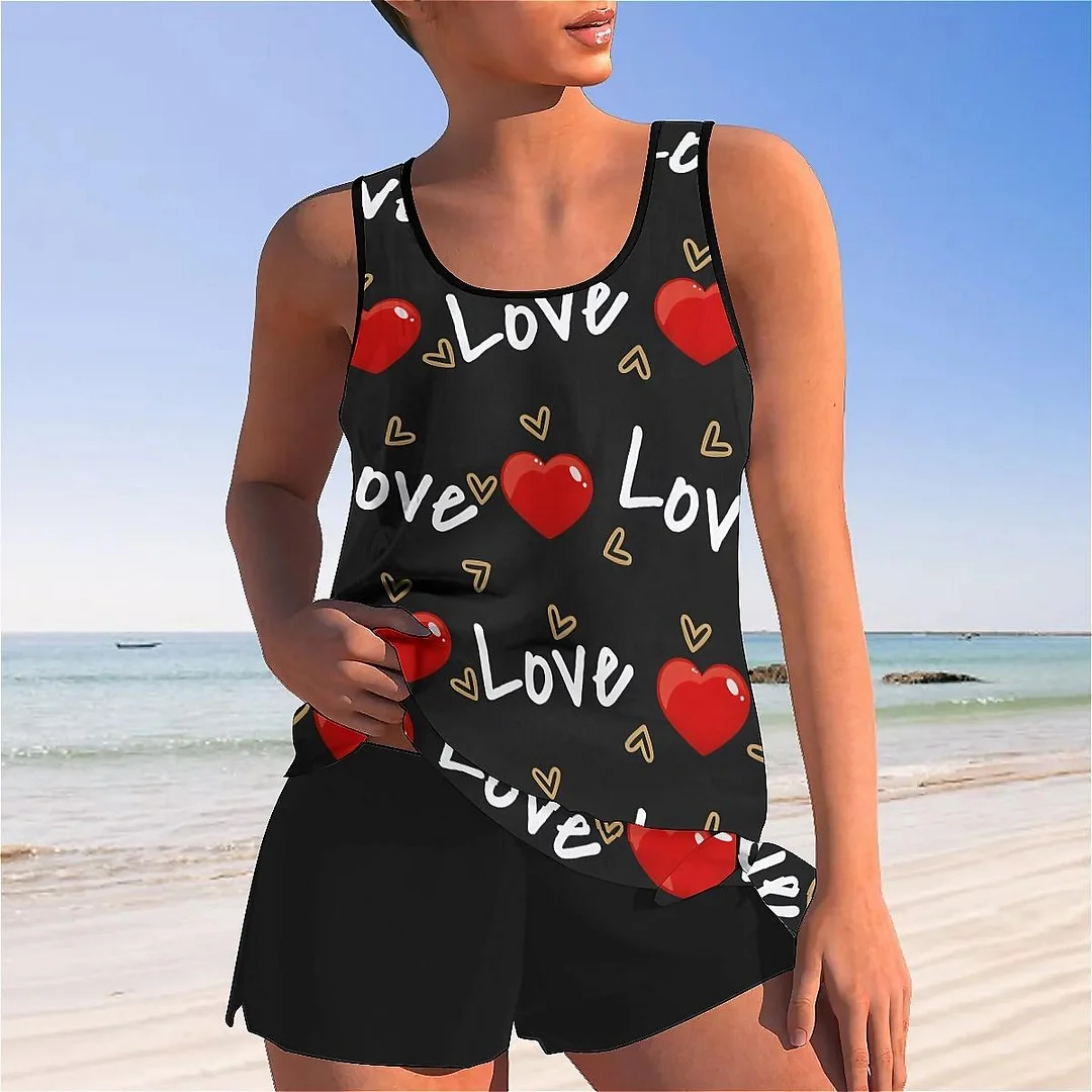 Bowknot Heart,Love,Valentine's Day Mid Waisted Tankini Set - Plus Size Available