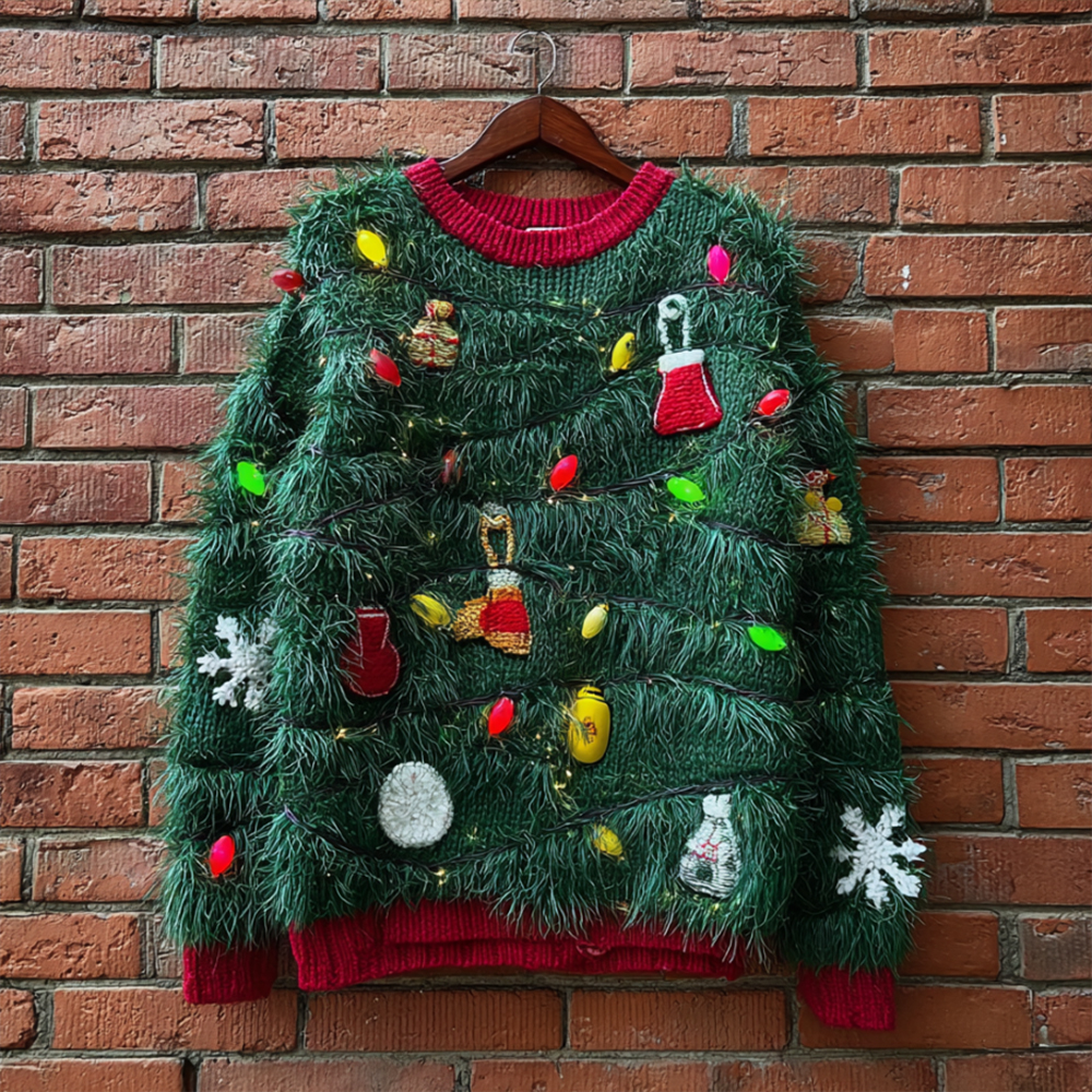 Vintage Christmas Tree Decorative Art Flannel Warm Round Neck Sweater elevenforest
