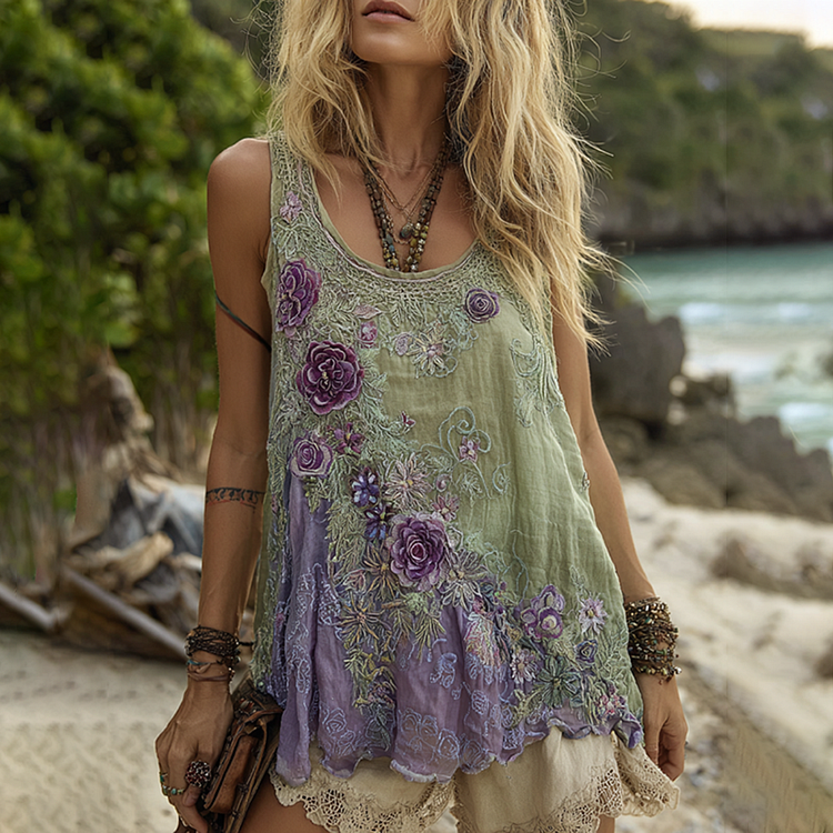 Vintage Classy Gradient Purple Lavender And Floral Embroidered Pattern Linen Tank Top