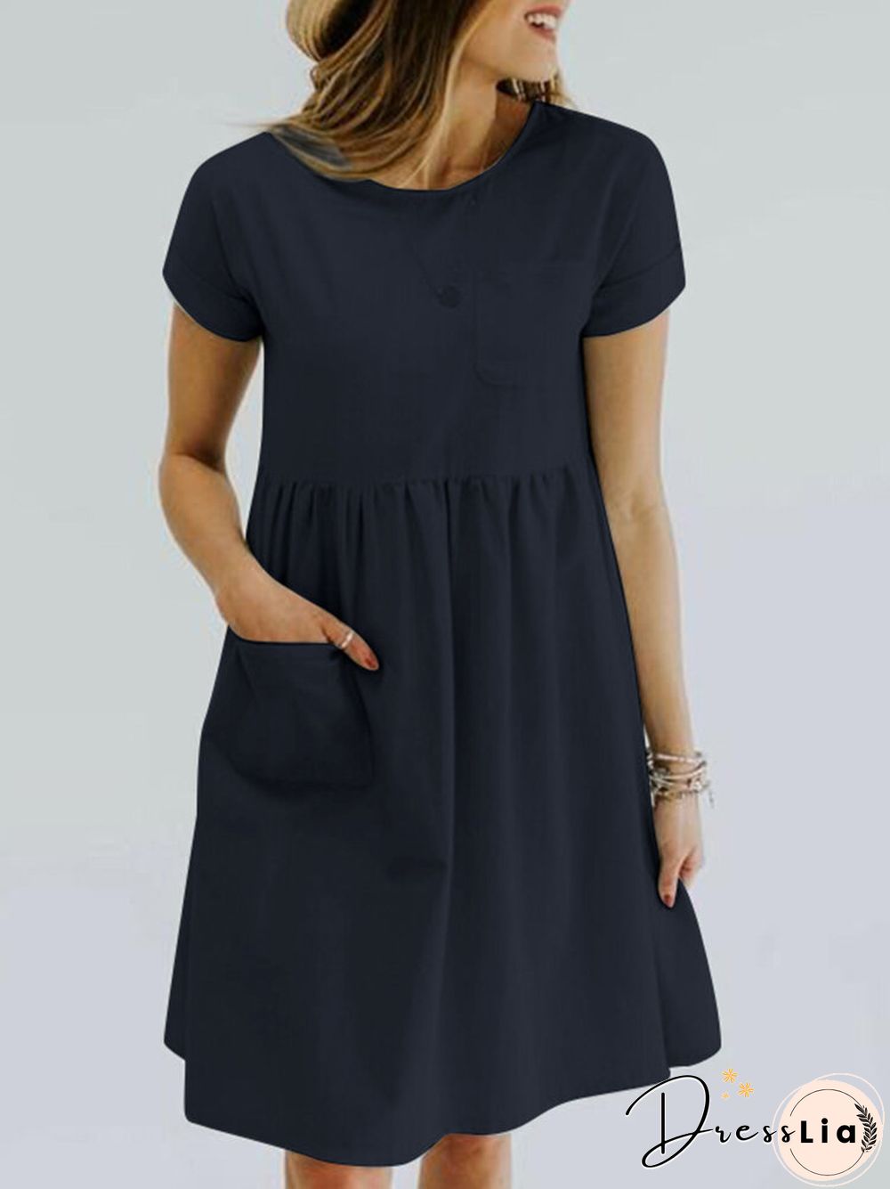 Solid Pocket Ruched Roll Short Sleeve Casual Midi Dress