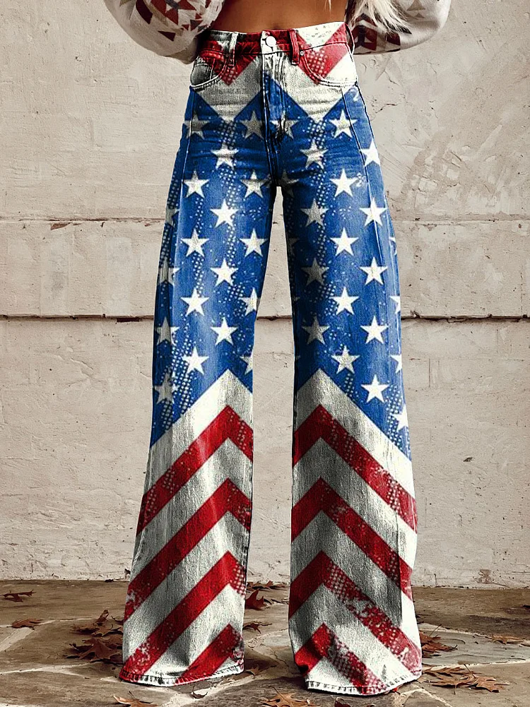 Women's Vintage Independence Day Print Casual Wide Leg Pants