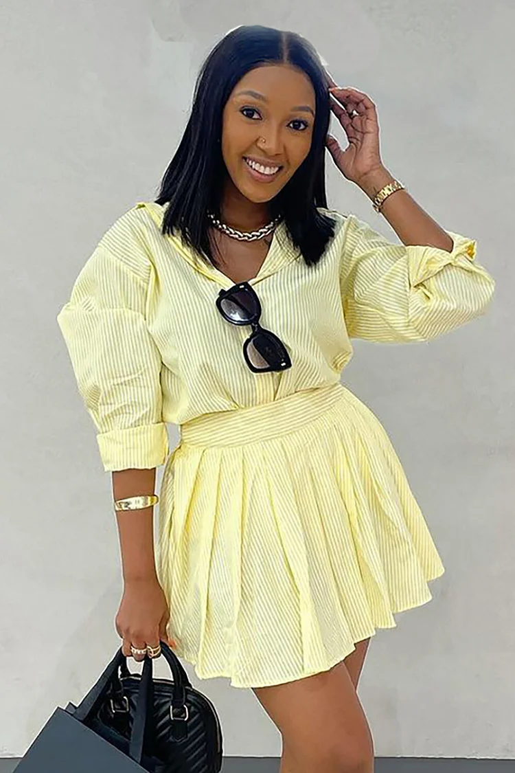 Pinstriped Print Long Sleeve Blouse Pleated Mini Skirt 2pcs Set-Yellow