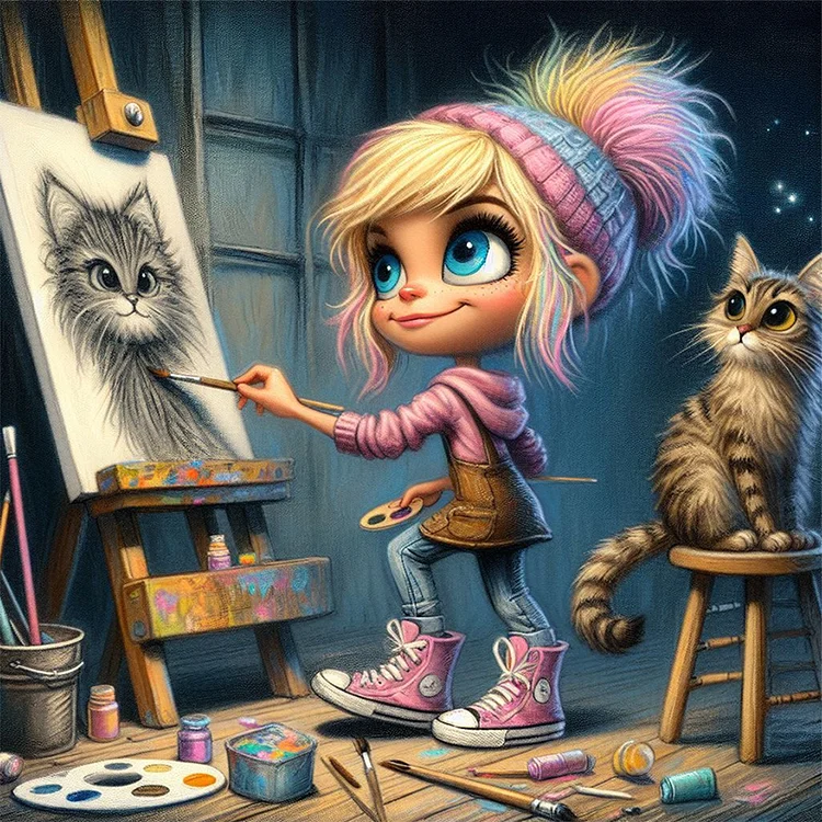 Girl Sketching Kittens 30*30CM (Canvas) Full Round Drill Diamond Painting gbfke