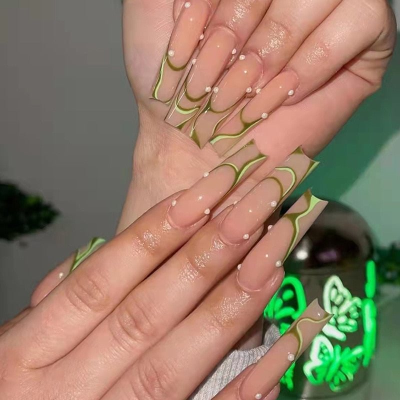 Detachable Long Heart False Nails Red Geometric Wearable Pattern French Fake Nails Full Cover Nail Tips Press On Nails
