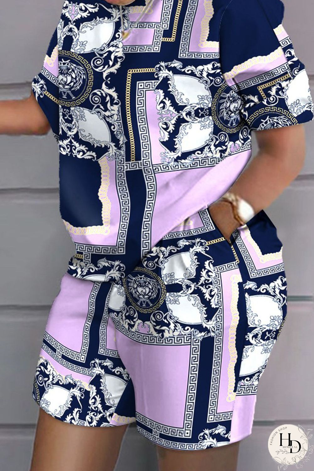 Grey Black Casual Print Patchwork O Neck Short Sleeve Two Pieces