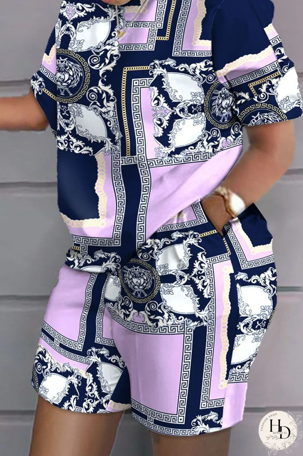 Grey Black Casual Print Patchwork O Neck Short Sleeve Two Pieces