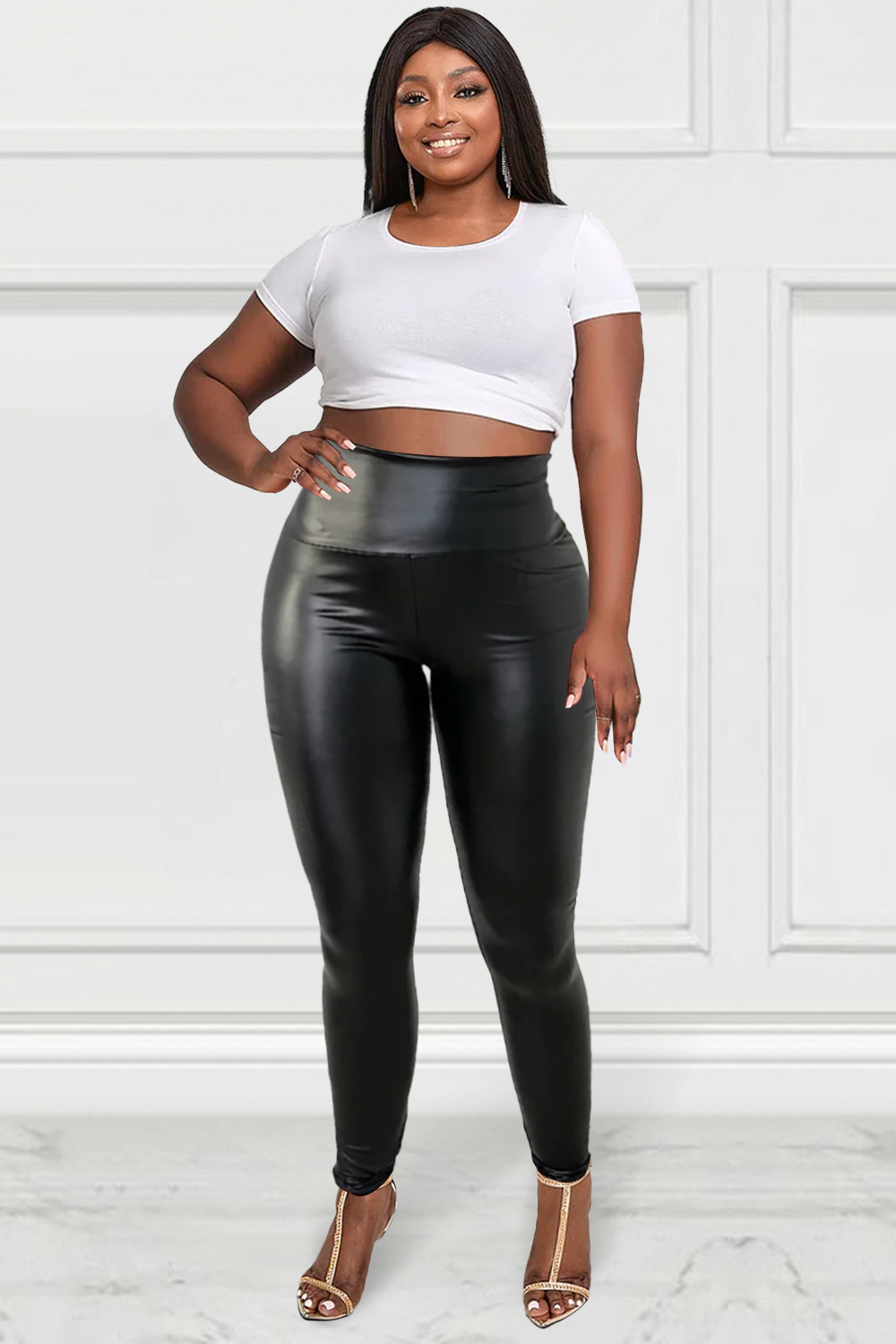 Design Plus Size Casual Pant Black High Waist Tight PU Leather Leggings Pants