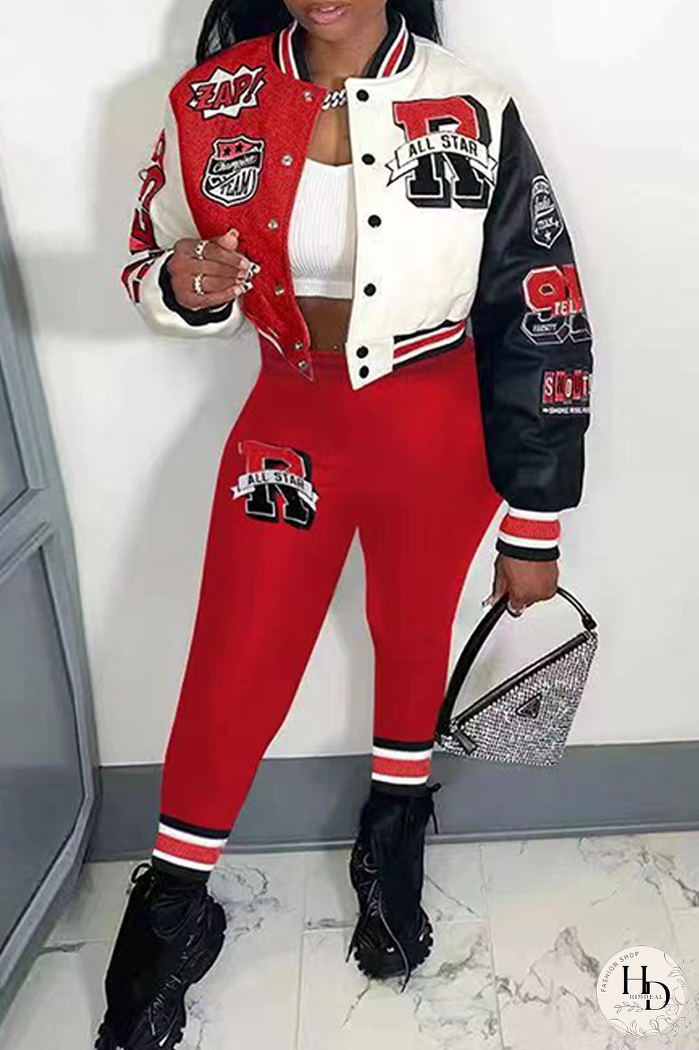 Rose Red Casual Letter Print Patchwork Cardigan O Neck Long Sleeve Two Pieces