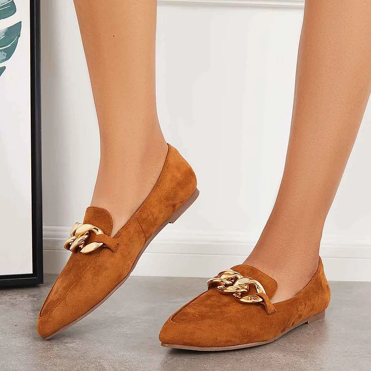Pointed Toe Penny Loafers Chain Decor Slip on Flats Shoes