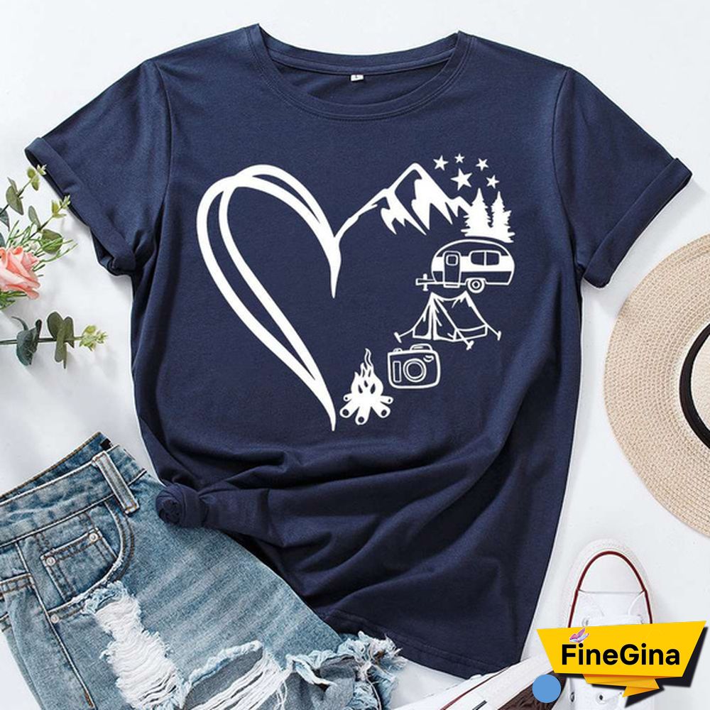 Hot Camping Heart Printed T-Shirts For Women Summer Short Sleeve Tee Shirts Round Neck Casual Summer Ladies Tops