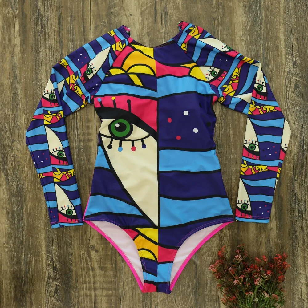 Swimwear Women Print Floral 2020 New One Piece Swimsuit Long Sleeve Bathing Suit Retro Ruffle Strappy Vintage Beachwear Surfing