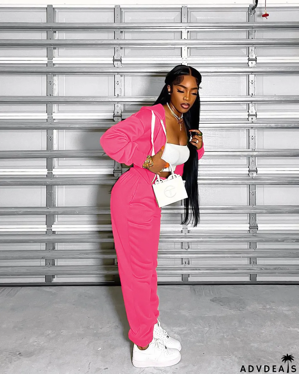 Solid Zipper Long Sleeve Two Piece Pants Set