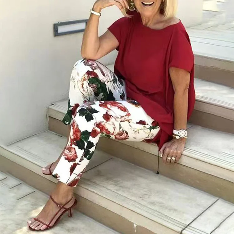 Loose Short Sleeve Top Print Pants Two Piece Set