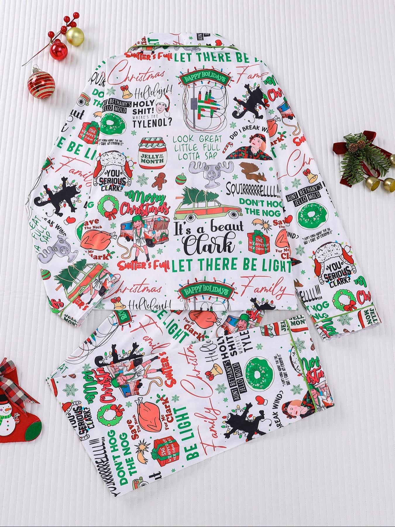 【Christmas Pajamas】It's A Beaut Clark Christmas Women's Set, Long Sleeve Button Front Top & Elastic Pants, Soft Comfortable Holiday Sleepwear & Loungewear for Women