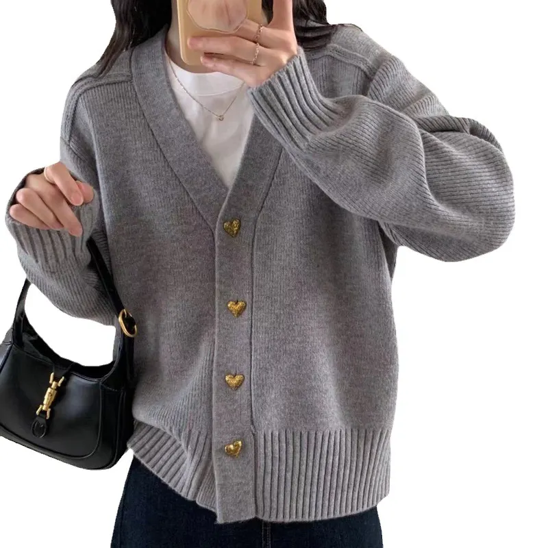 Churchf Churchf Winter New Korean Version Loose Lazy Wind Pure Color Knit Cardigan Jacket Women's Single Breasted Casual Sweater Coat