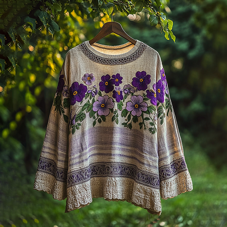 Women's Vintage Floral Embroidery Linen Blend Loose T-shirt